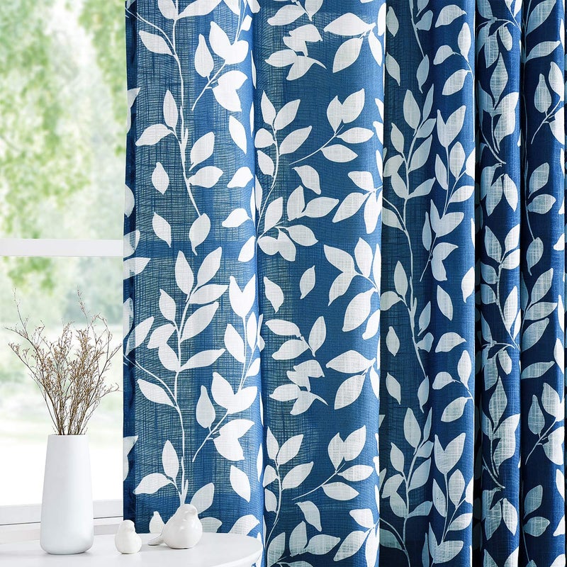 Treatmentex Leaf Kitchen Window Curtains for Bathroom Bassement Navy Blue and White CafÃ© Curtain Panels Half Window Curtains 36inches 2 Panels - Image 4
